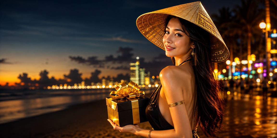 Người dùng tại Đà Nẵng đặt cược trực tuyến trên điện thoại với nền cảnh thành phố và nón lá truyền thống